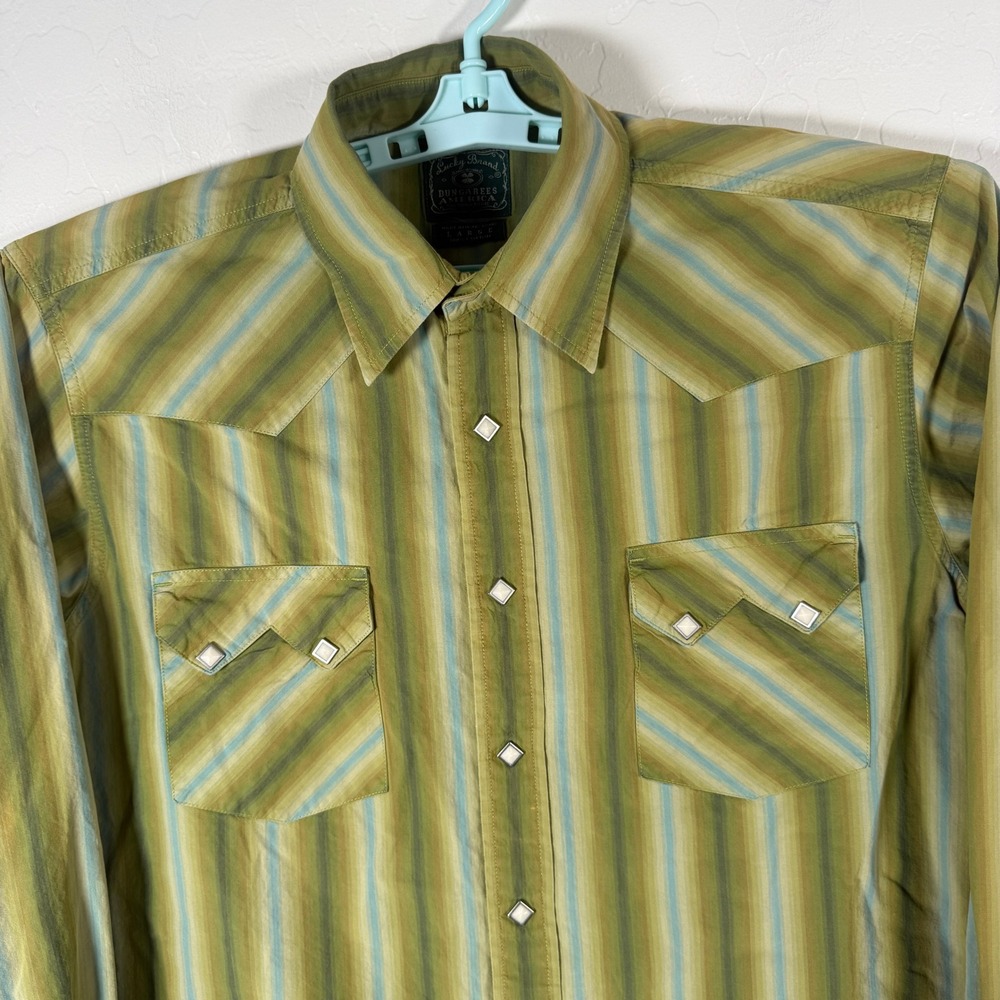 Lucky Brand Western Pearl Snap Shirt Mens Large Green Striped Dungaree Cowboy